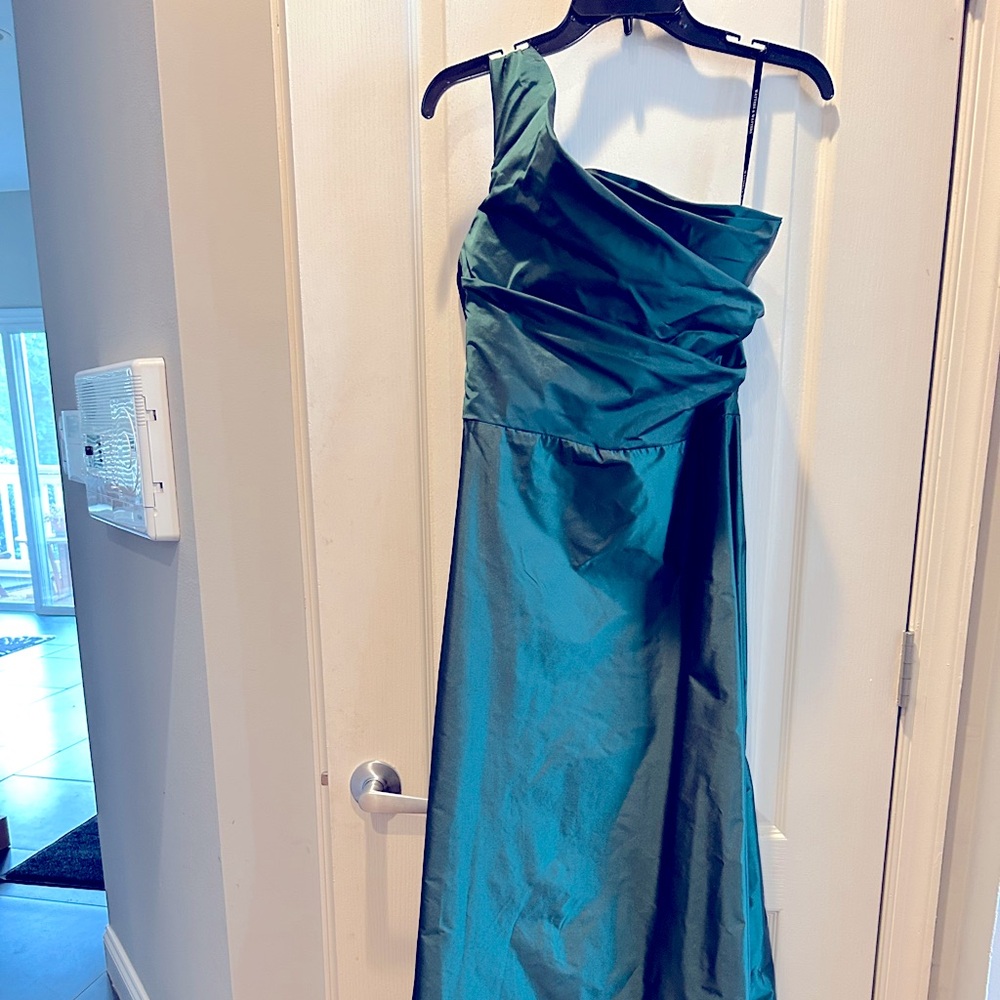 Beautiful full length formal with one shoulder green and black shimmer size 10